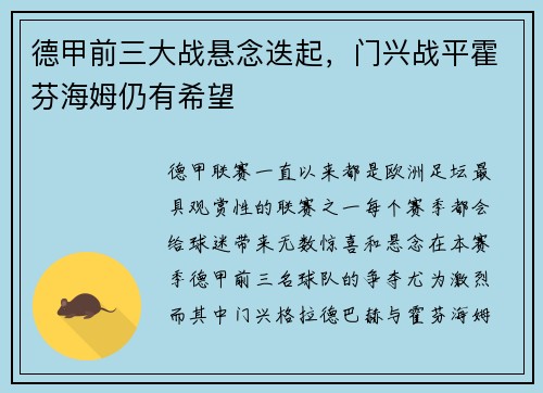 德甲前三大战悬念迭起，门兴战平霍芬海姆仍有希望